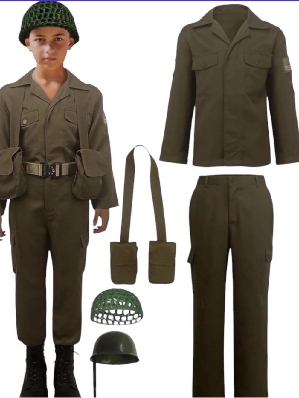 Child Green Army Costume Set with Helmet - Kids Halloween